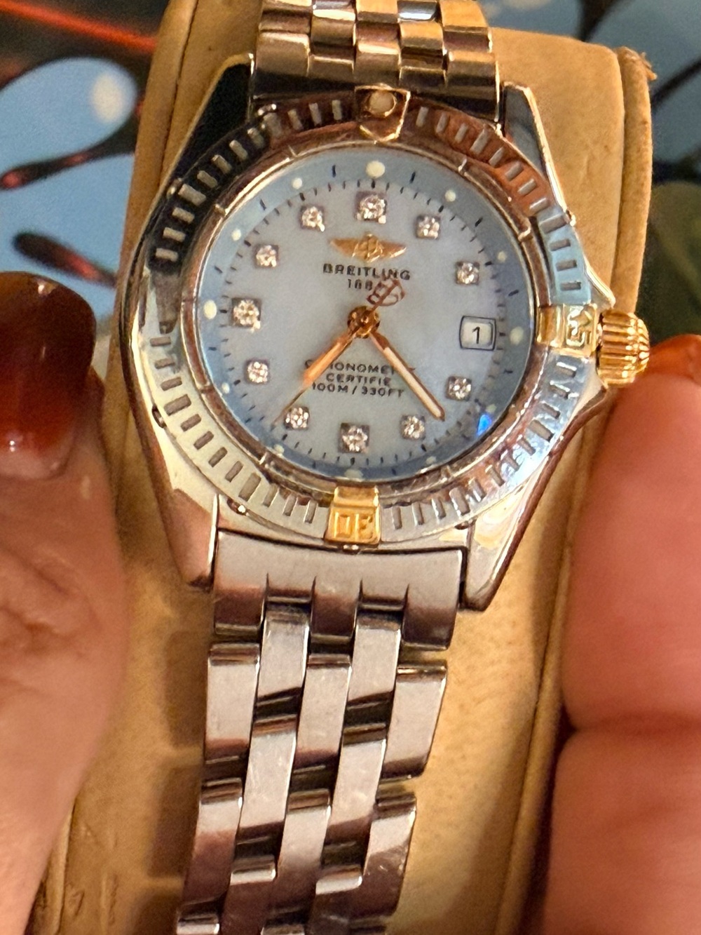 Breitling Callistino Two-Tone Blue MOP Diamond Dial Quartz Date Box Papers 18k
